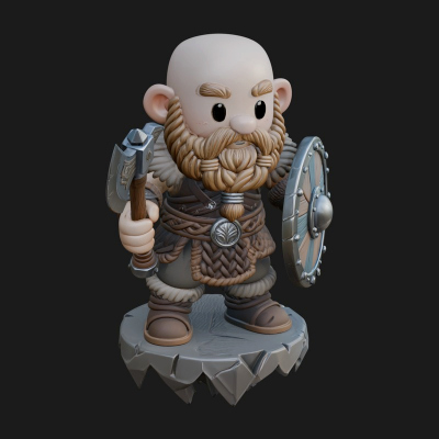 Chibi Bearded Dwarf With Axe Statue Design 3 3D Print Model