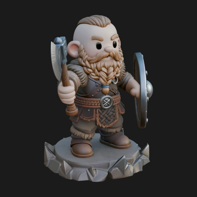 Chibi Bearded Dwarf With Axe Statue Design 4 3D Print Model