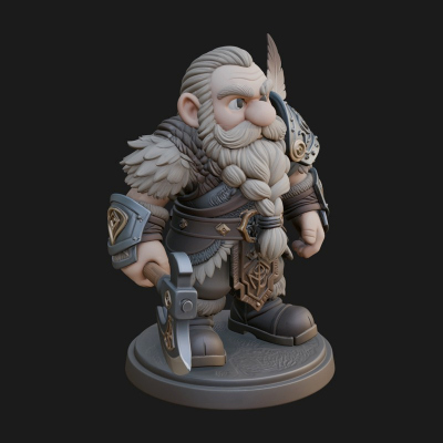 Chibi Bearded Dwarf With Axe Statue Design 6 3D Print Model
