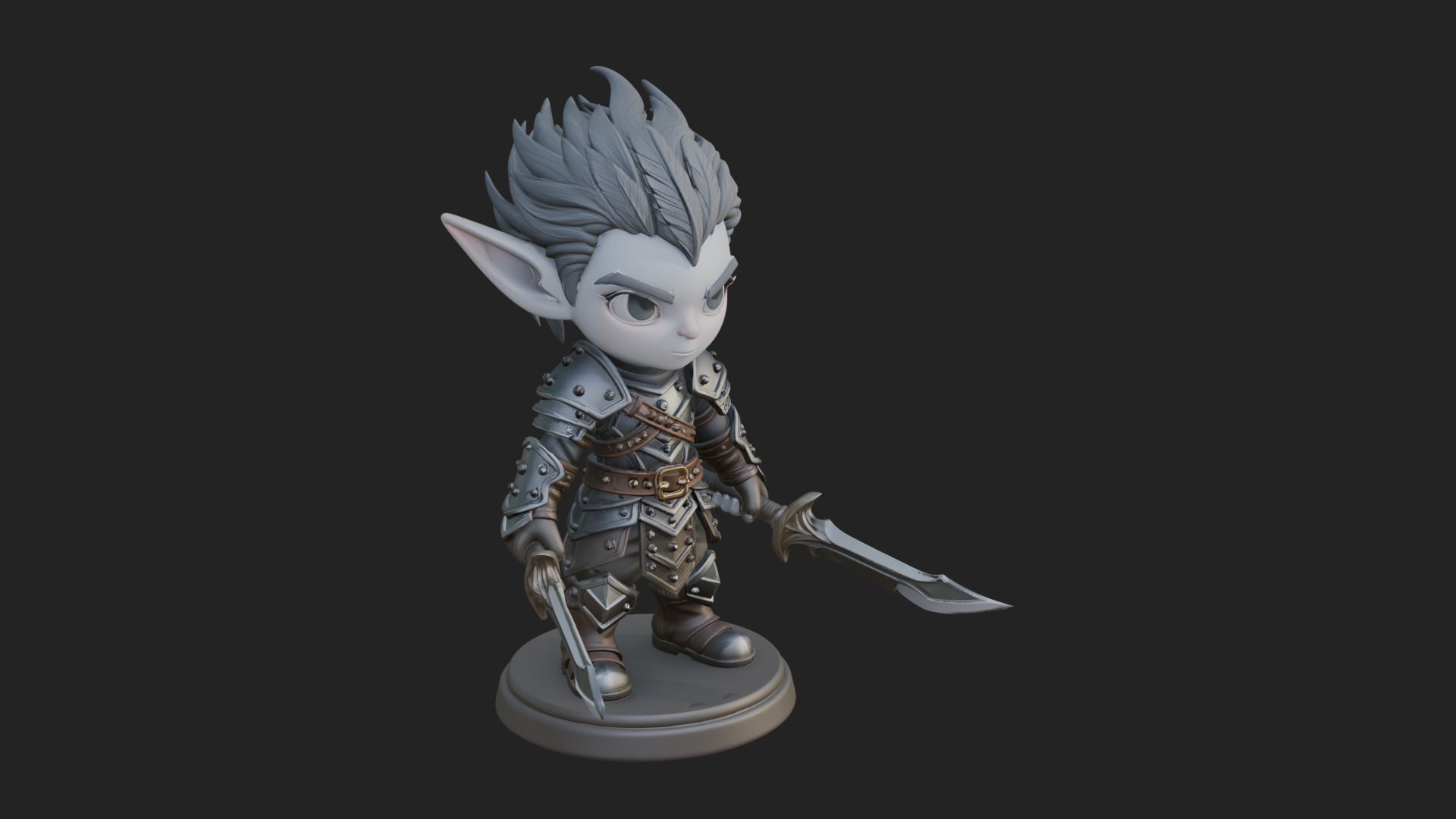 Chibi Dark Elf with Blade Statue Design 1 3D Print Model 3D Model