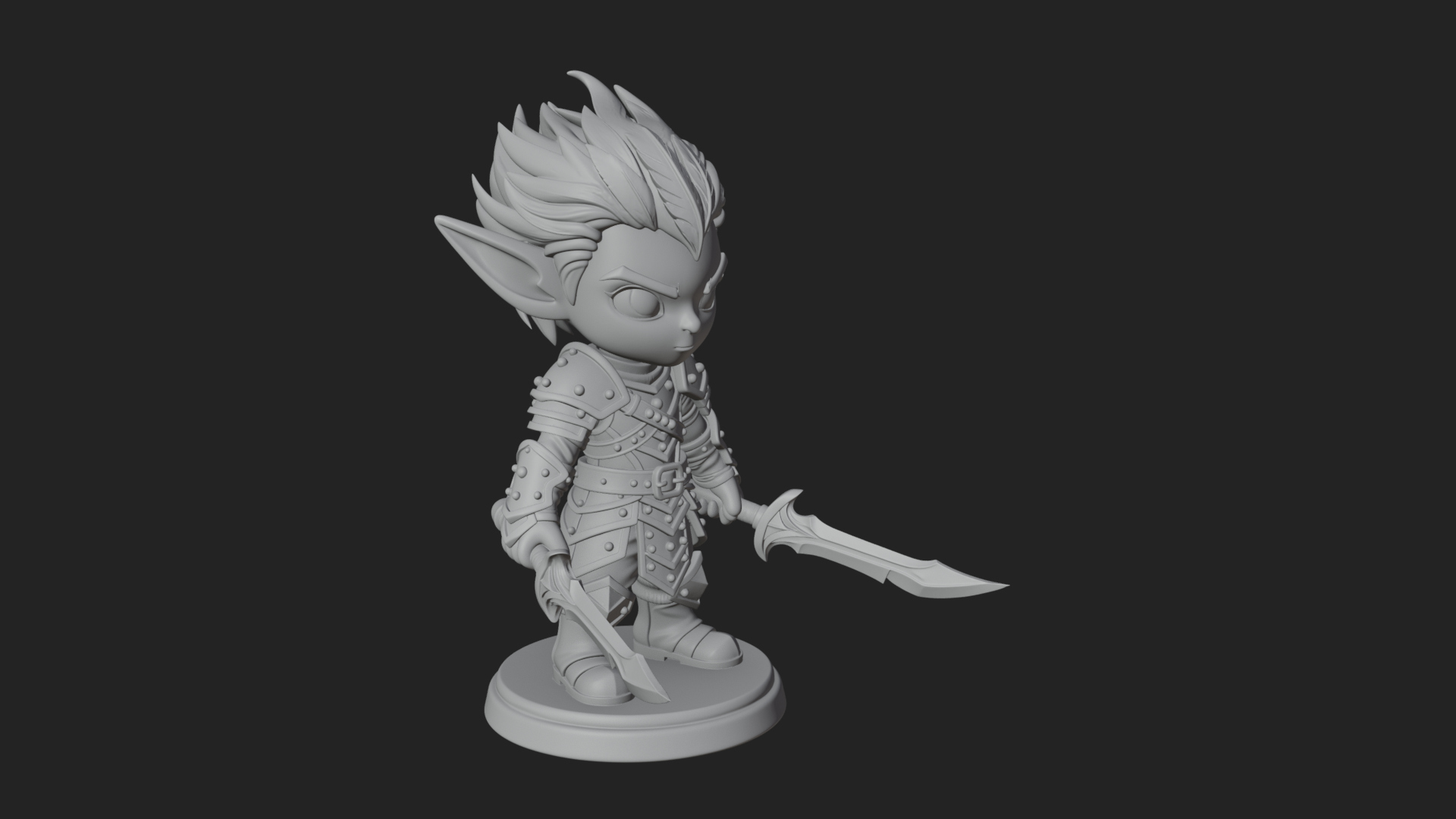 Chibi Dark Elf with Blade Statue Design 1 3D Print Model 3D Model