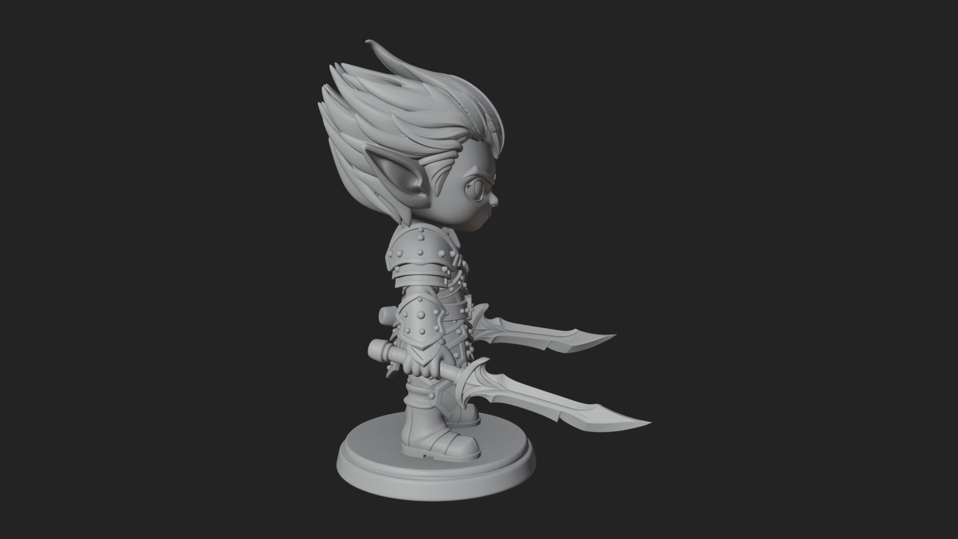 Chibi Dark Elf with Blade Statue Design 1 3D Print Model 3D Model