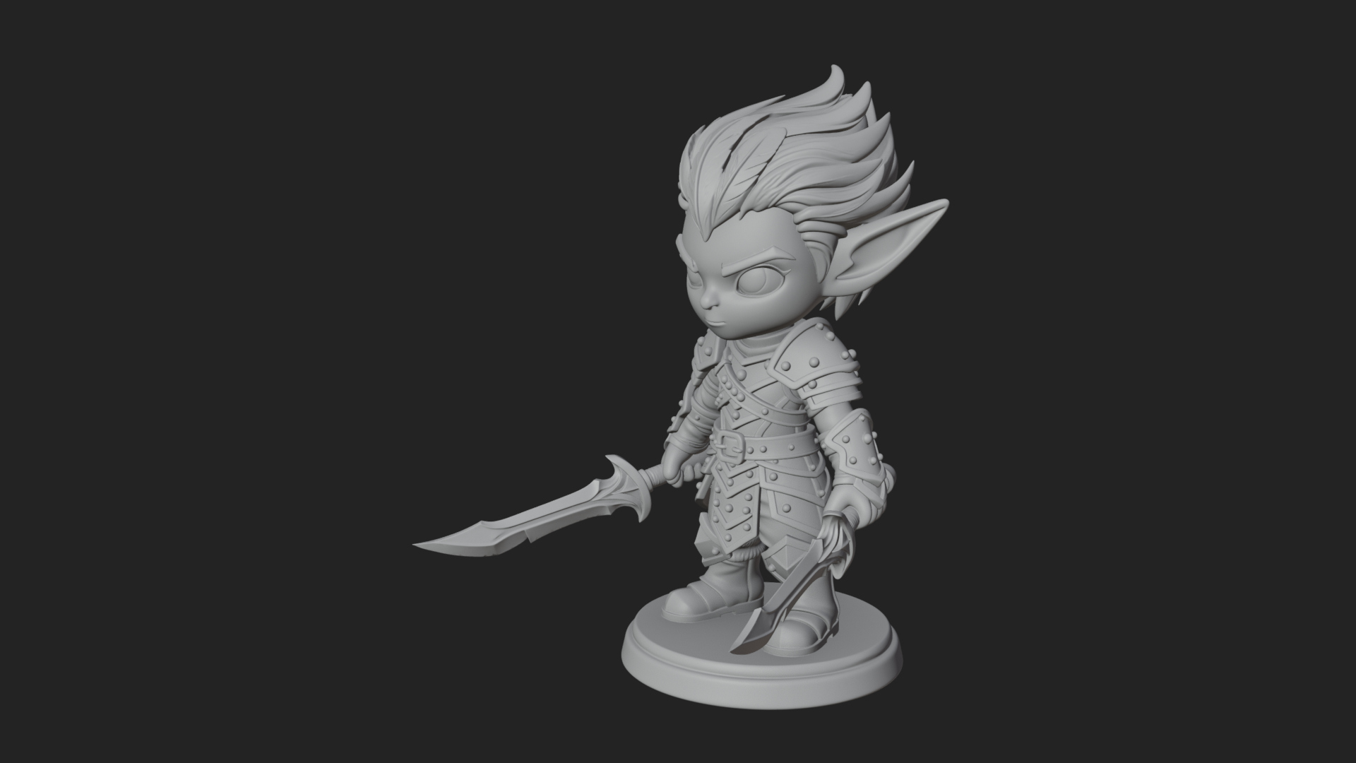Chibi Dark Elf with Blade Statue Design 1 3D Print Model 3D Model