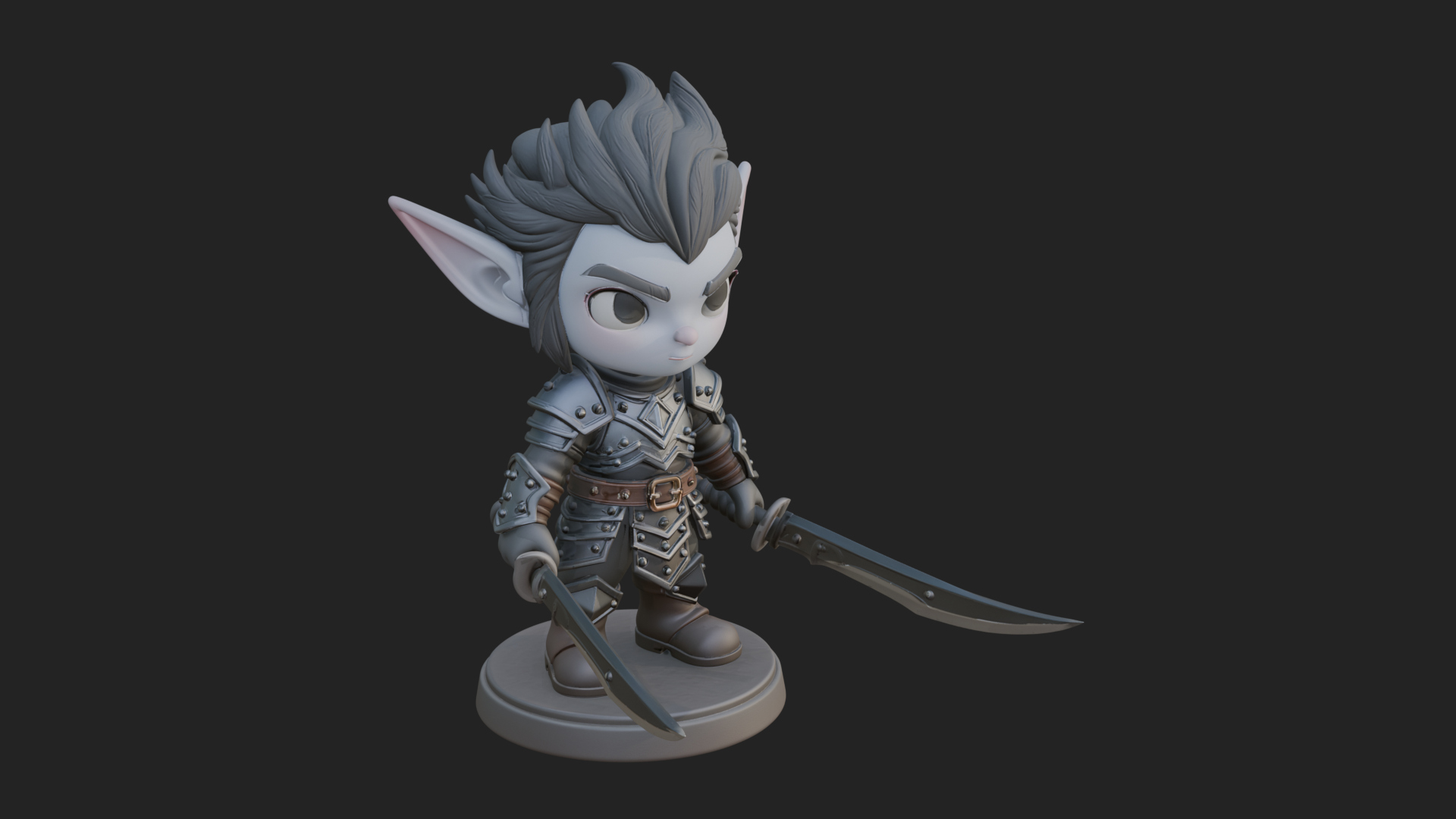 Chibi Dark Elf with Blade Statue Design 2 3D Print Model 3D Model