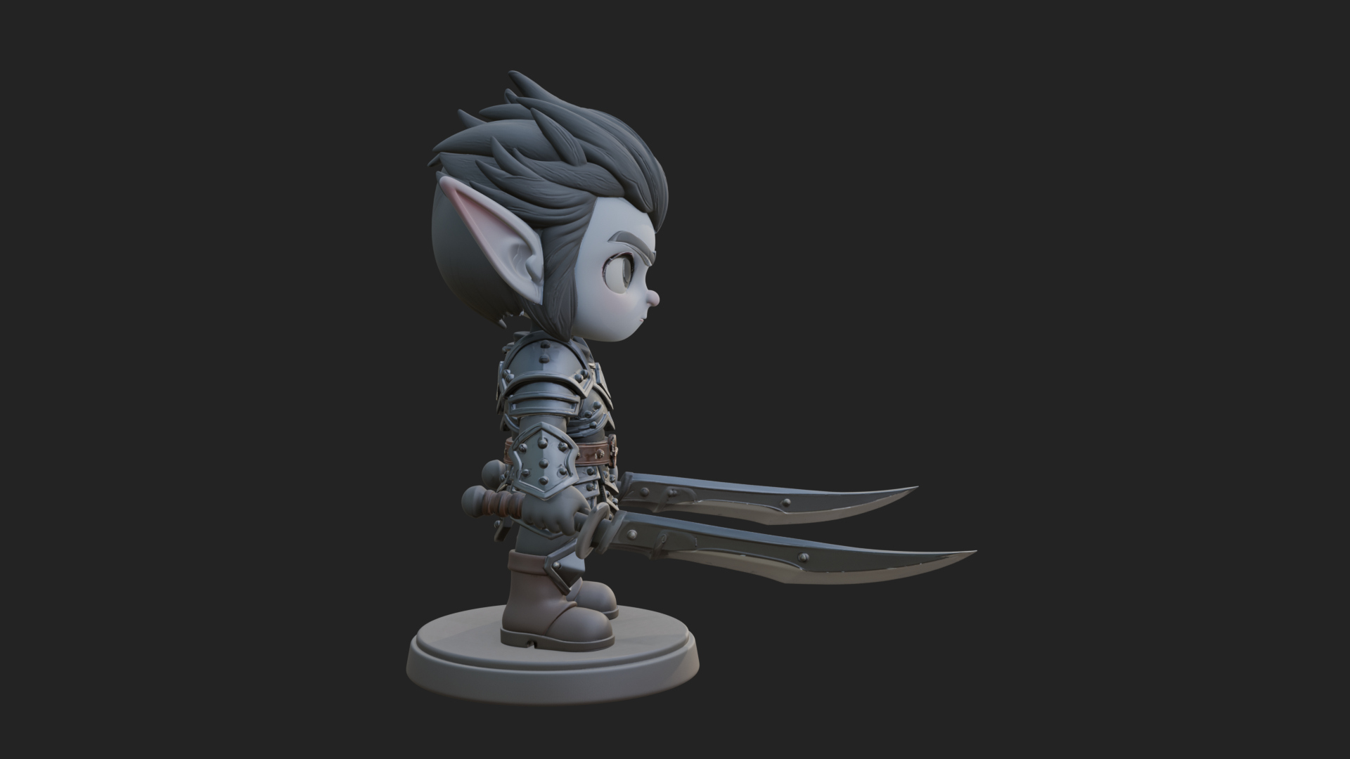 Chibi Dark Elf with Blade Statue Design 2 3D Print Model 3D Model