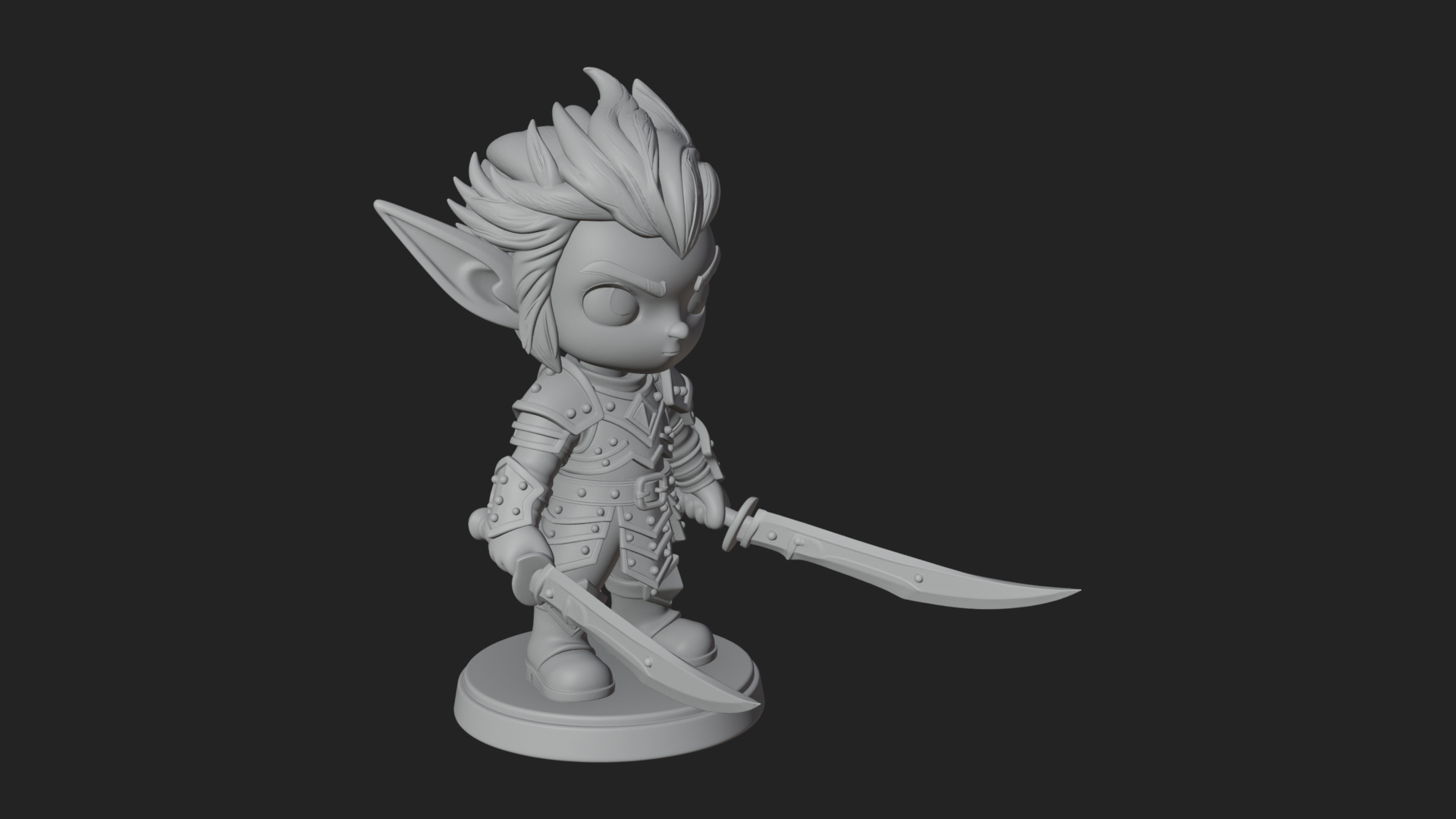 Chibi Dark Elf with Blade Statue Design 2 3D Print Model 3D Model