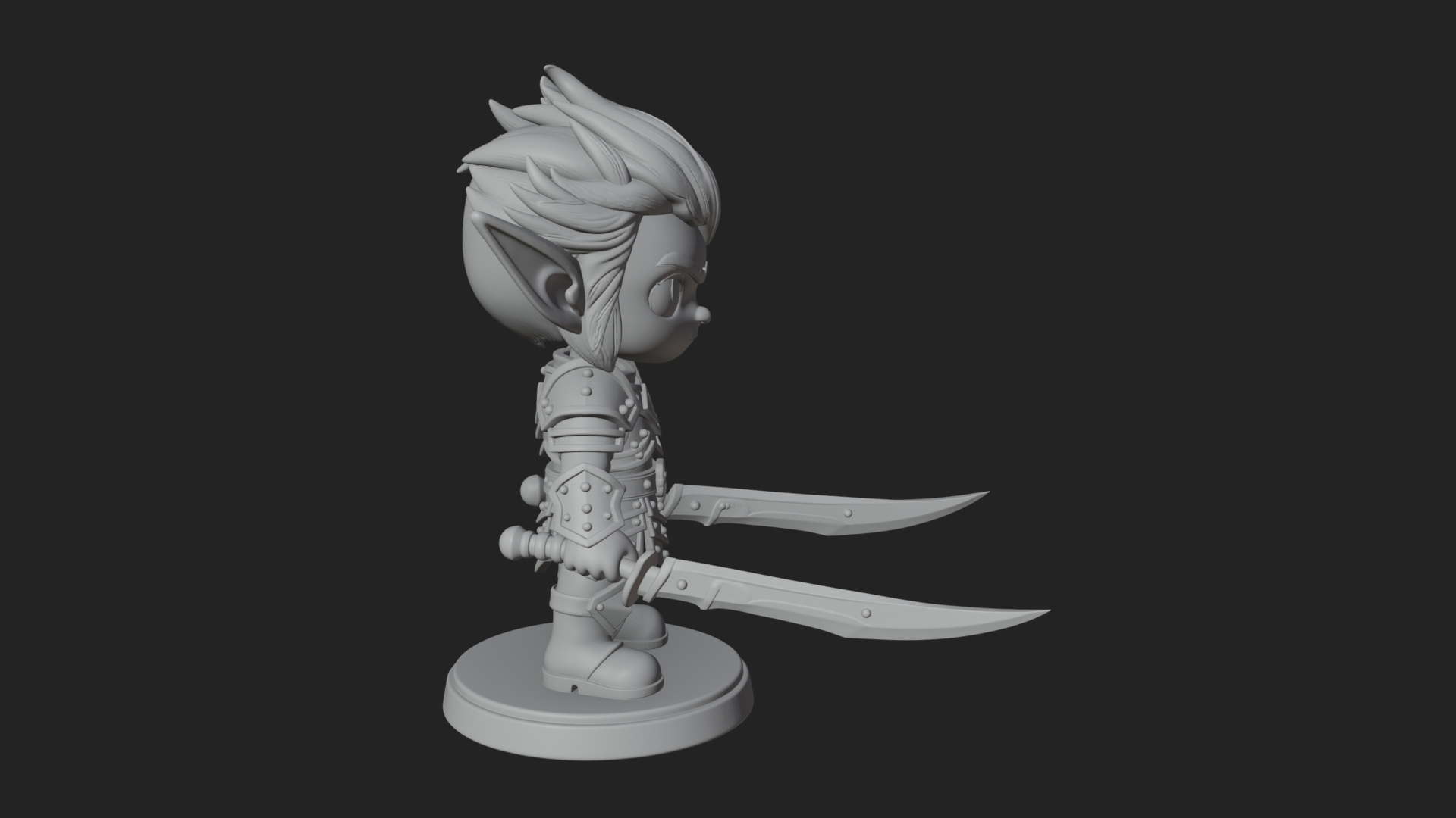 Chibi Dark Elf with Blade Statue Design 2 3D Print Model 3D Model