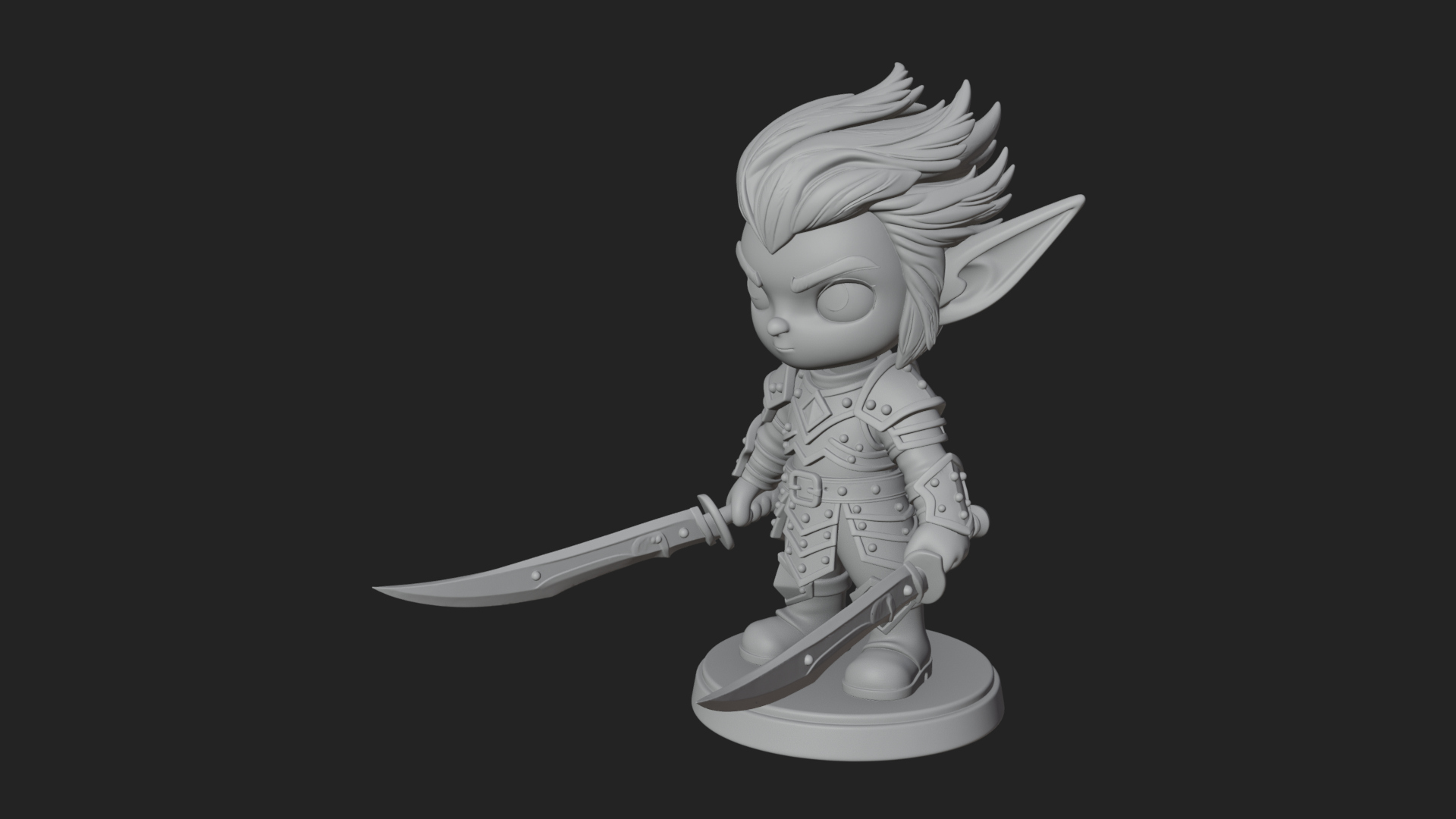 Chibi Dark Elf with Blade Statue Design 2 3D Print Model 3D Model