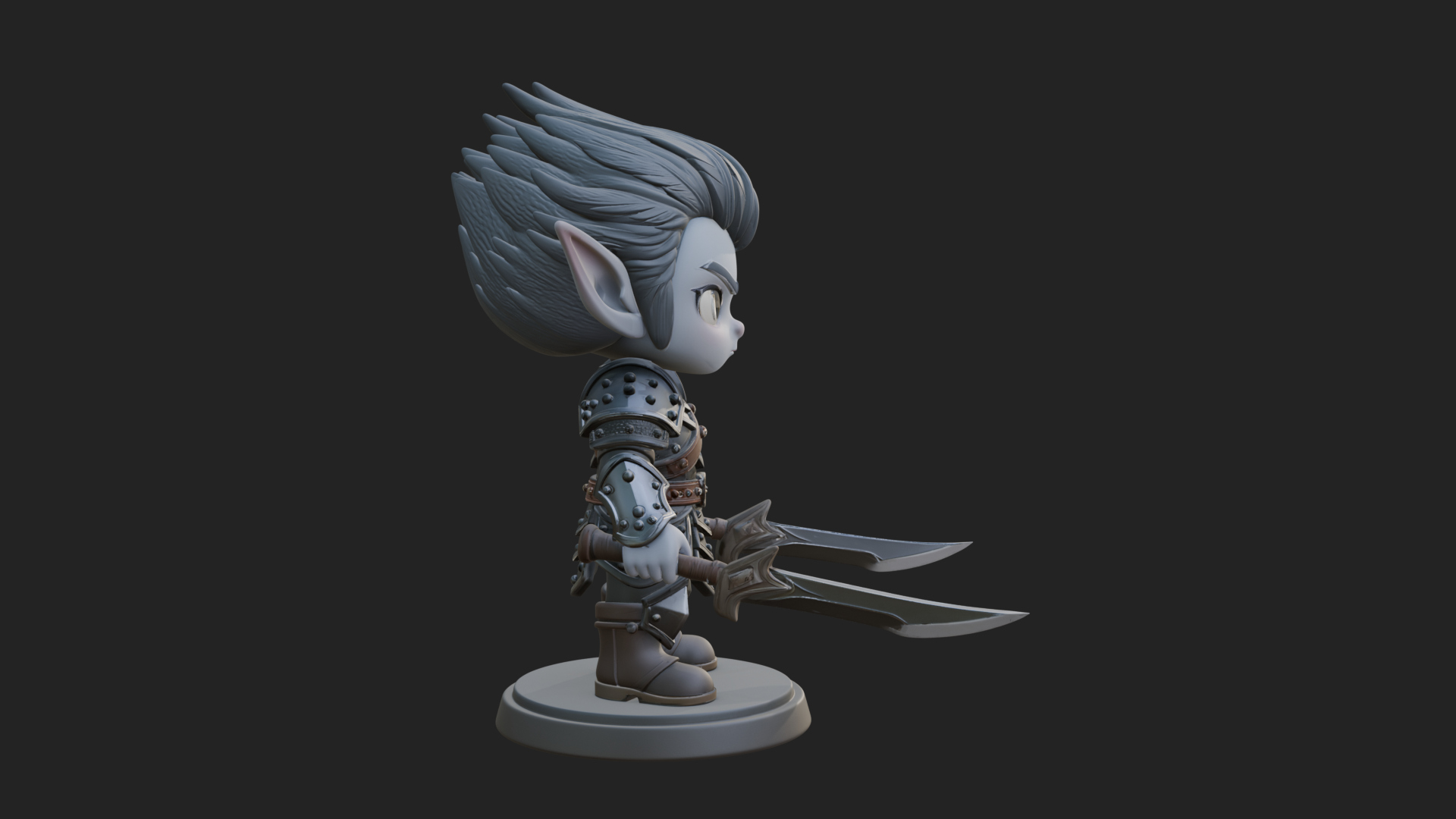 Chibi Dark Elf with Blade Statue Design 3 3D Print Model 3D Model