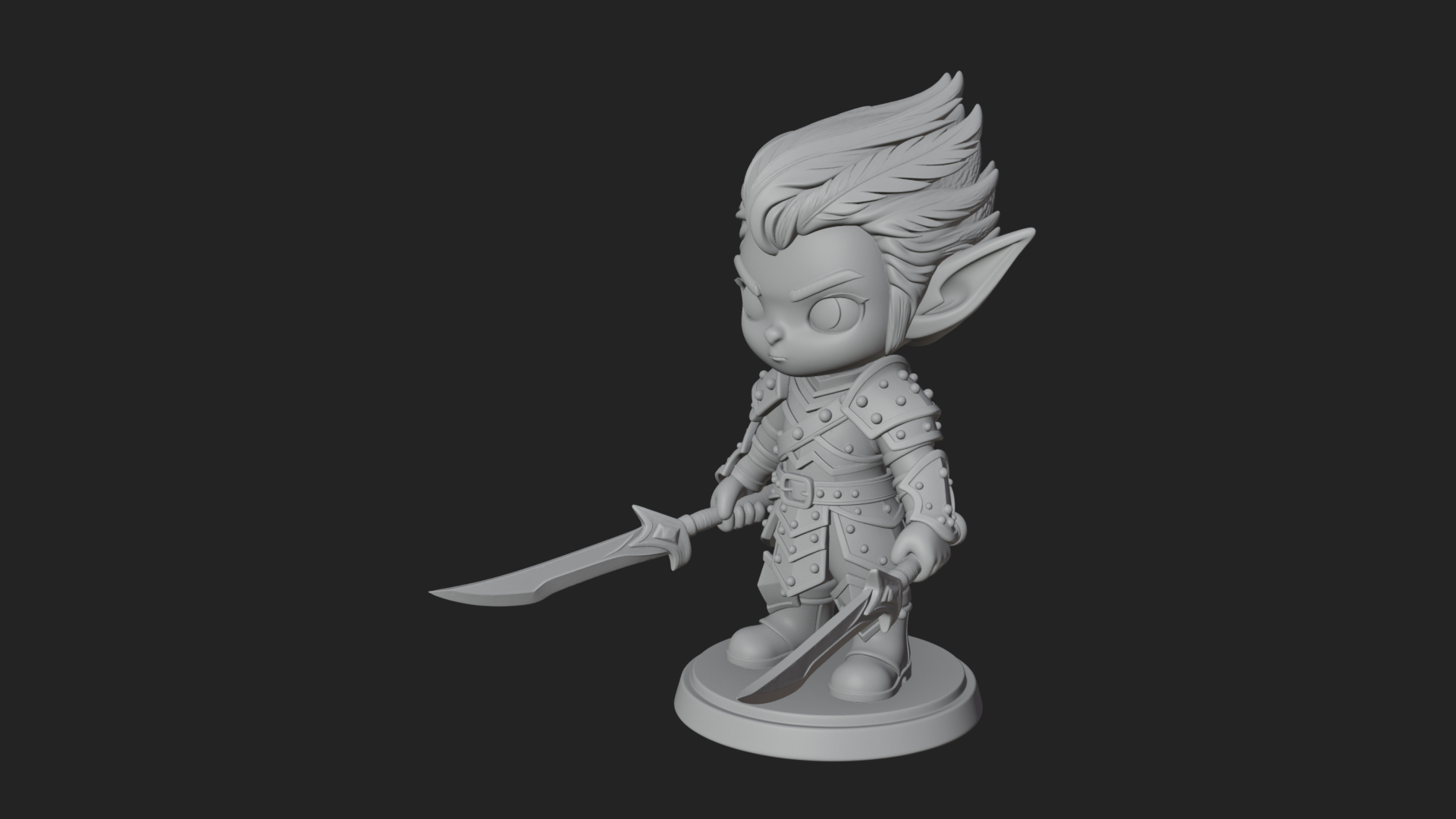 Chibi Dark Elf with Blade Statue Design 3 3D Print Model 3D Model