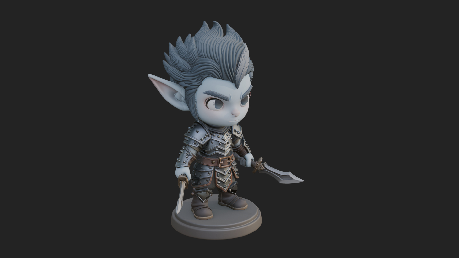 Chibi Dark Elf with Blade Statue Design 4 3D Print Model 3D Model