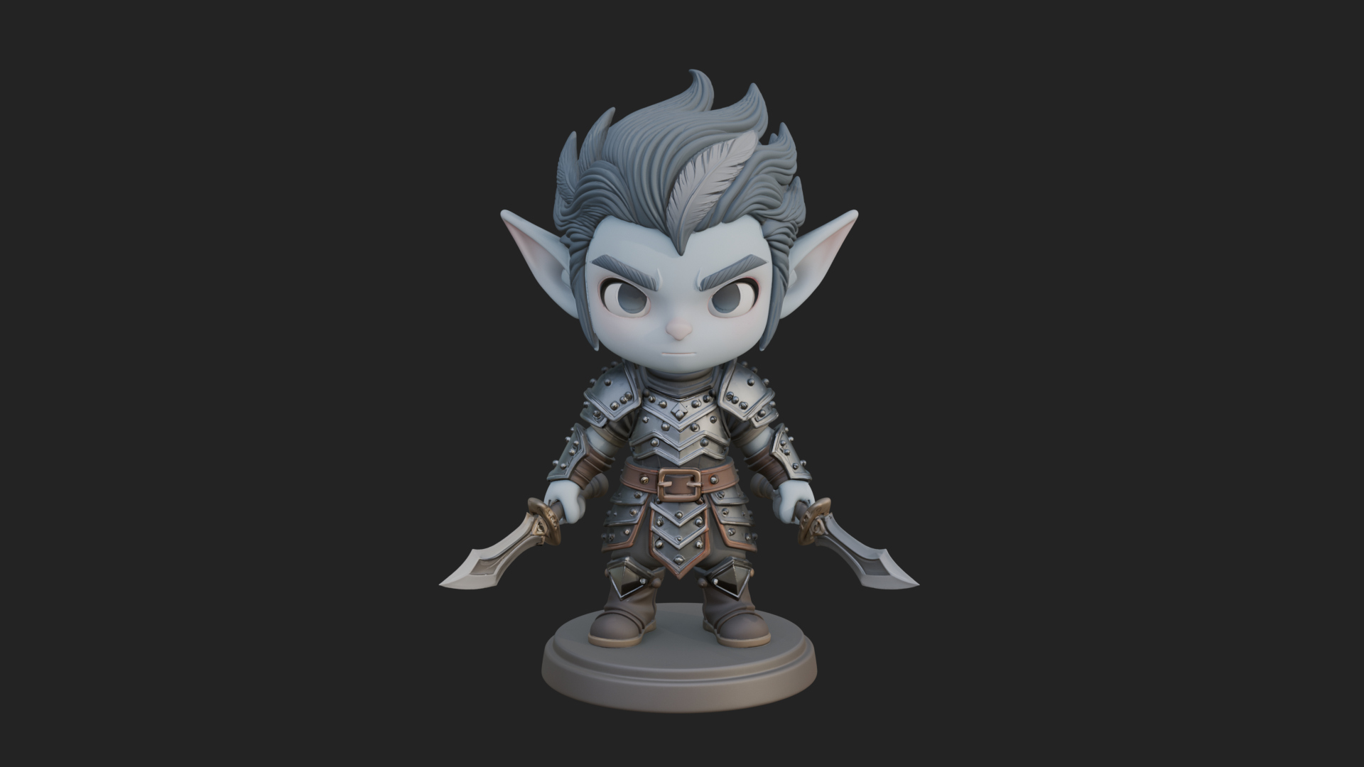 Chibi Dark Elf with Blade Statue Design 4 3D Print Model 3D Model