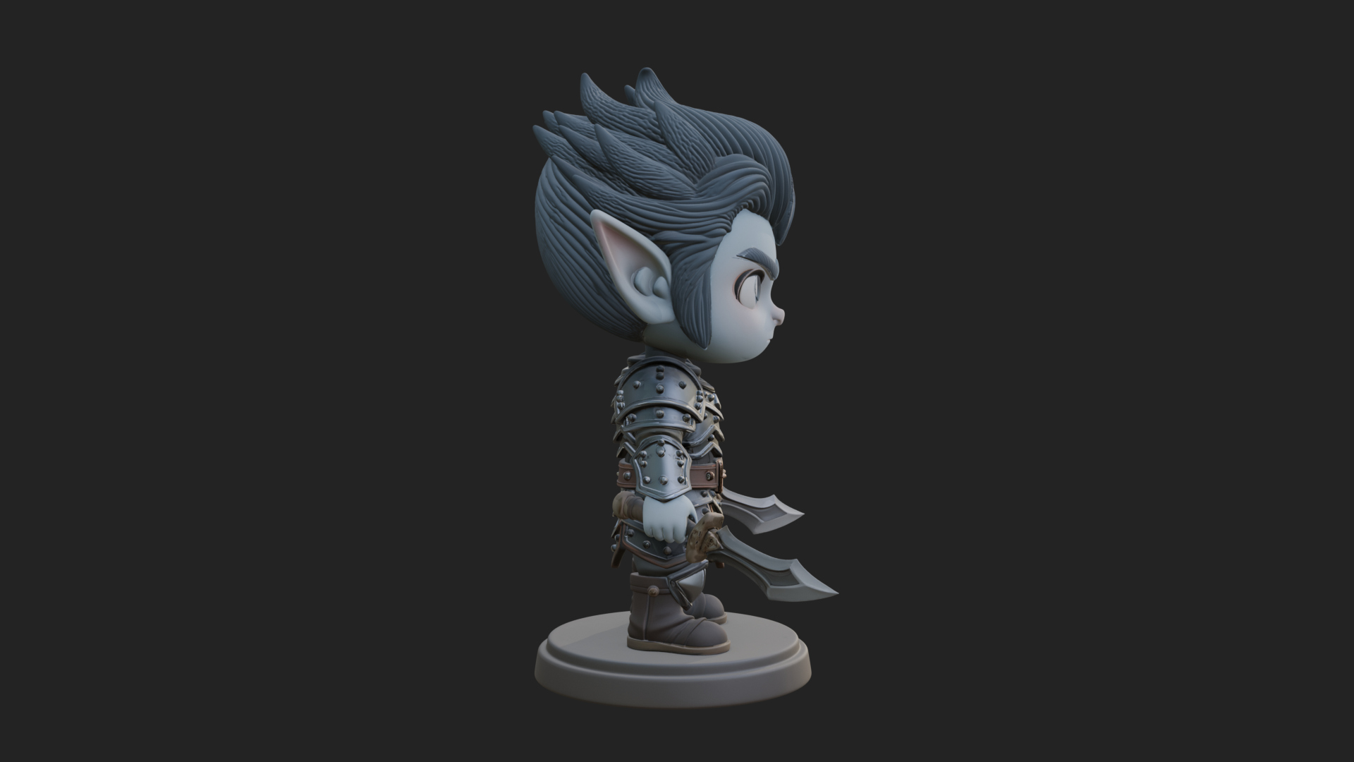 Chibi Dark Elf with Blade Statue Design 4 3D Print Model 3D Model