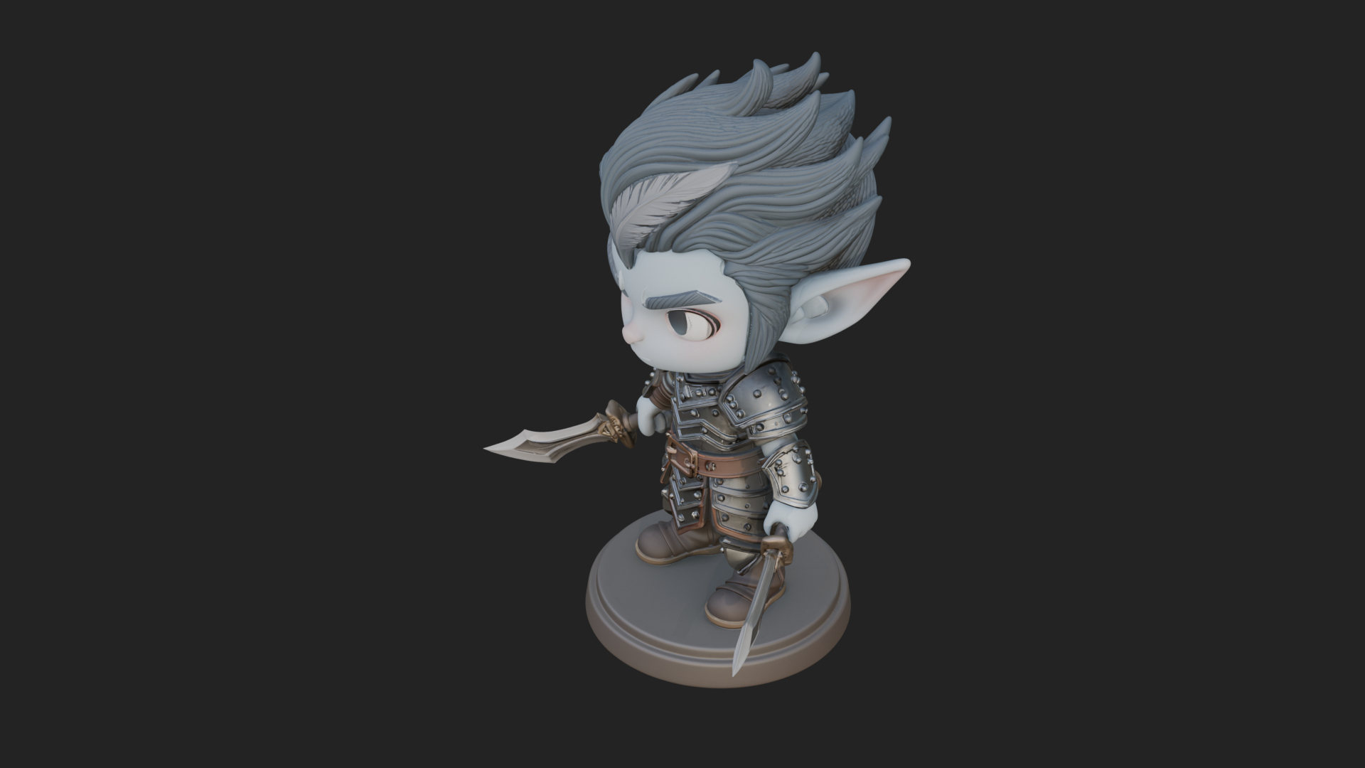 Chibi Dark Elf with Blade Statue Design 4 3D Print Model 3D Model