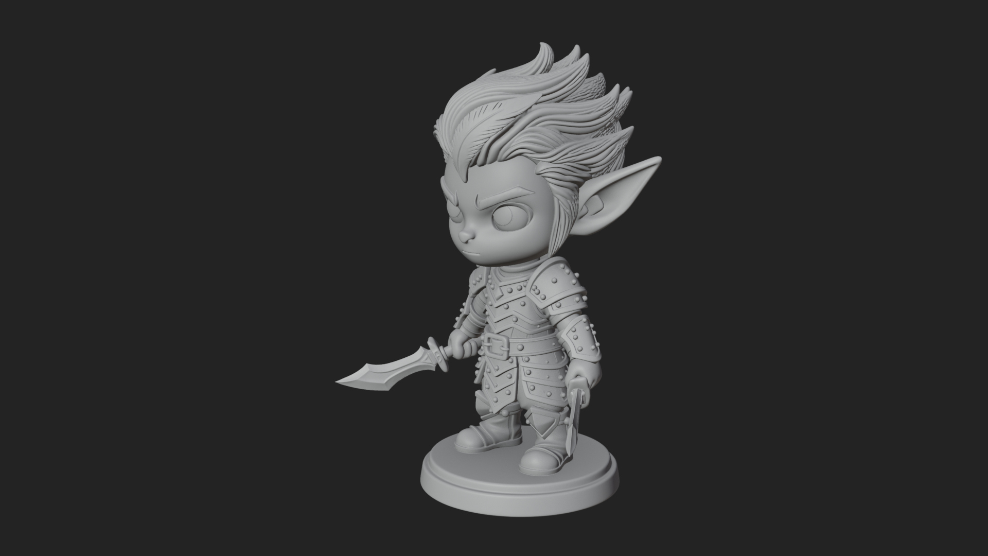 Chibi Dark Elf with Blade Statue Design 4 3D Print Model 3D Model