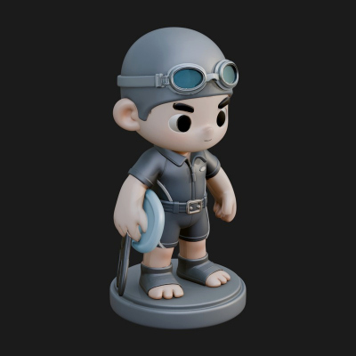 Chibi Diver Boy with Fins Statue Design 2 3D Print Model