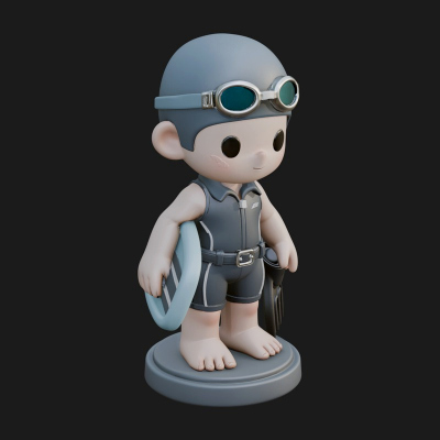 Chibi Diver Boy with Fins Statue Design 3 3D Print Model