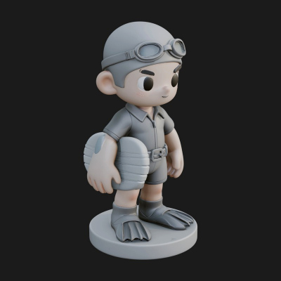 Chibi Diver Boy with Fins Statue Design 4 3D Print Model