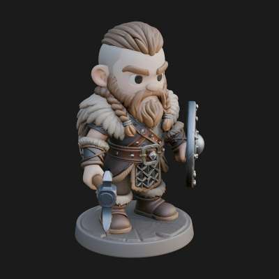 Chibi Dwarf with Shield Statue Design 4 3D Print Model