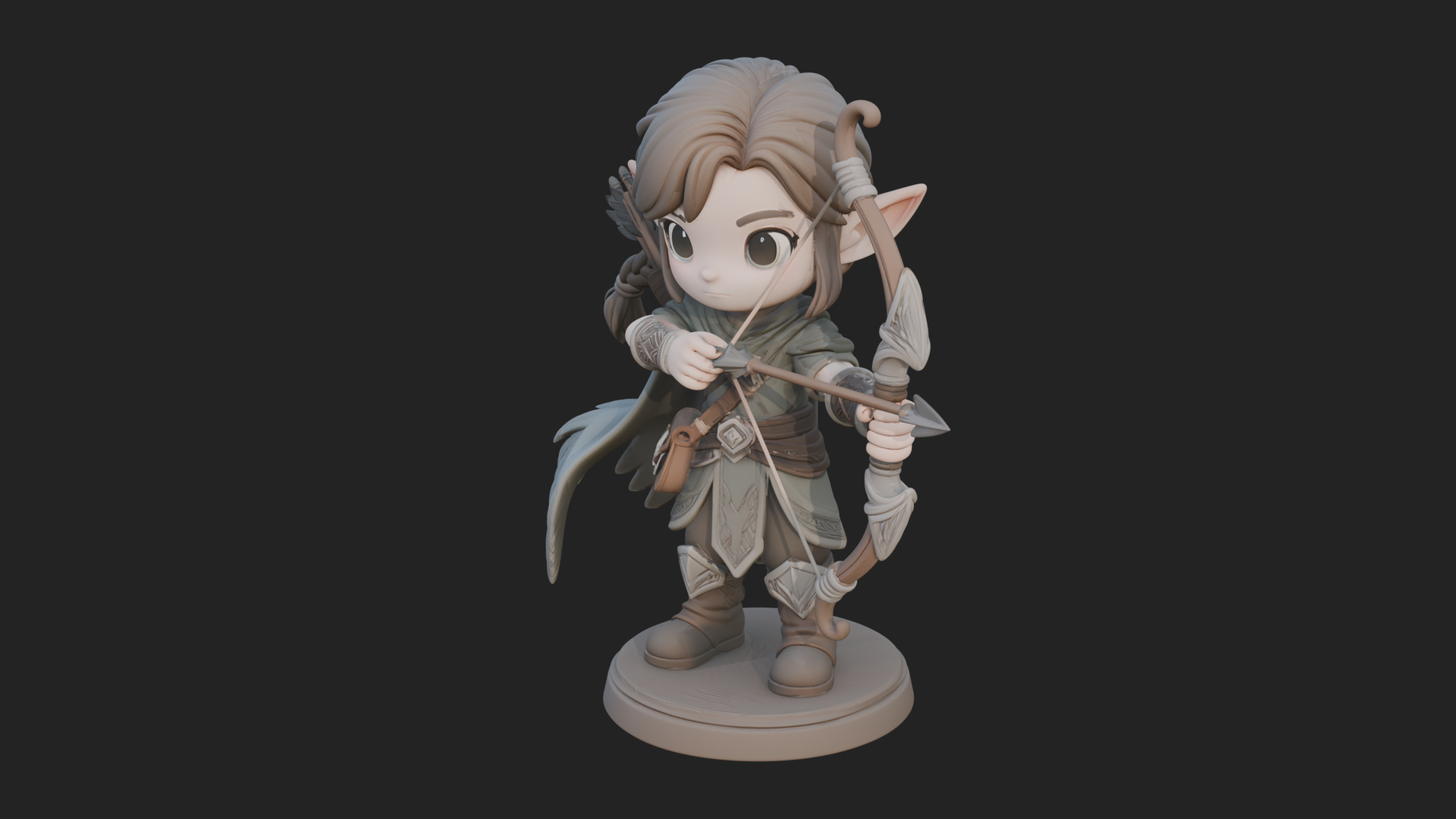Chibi Elf Archer with Bow Statue Design 1 3D Print Model 3D Model