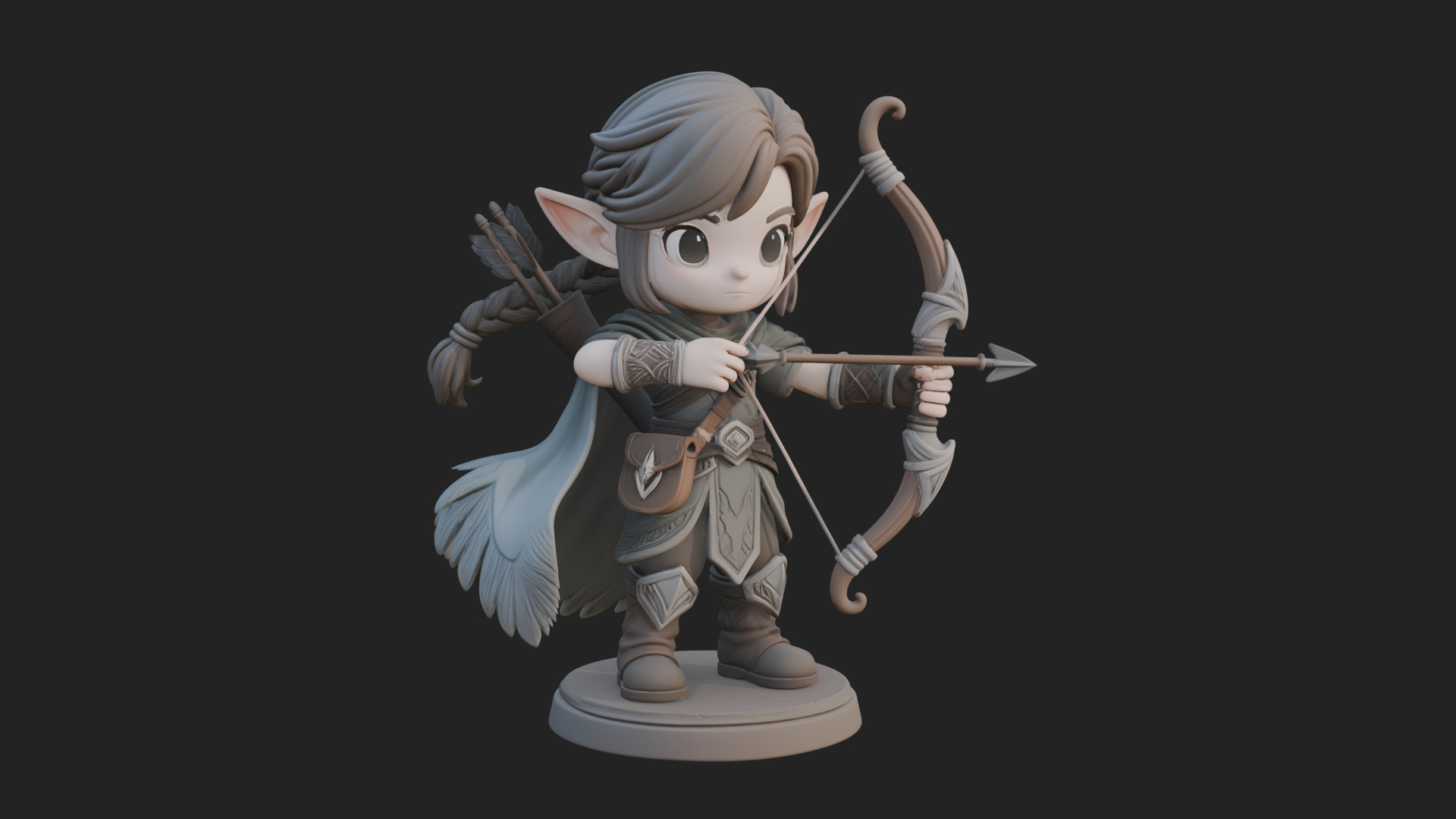 Chibi Elf Archer with Bow Statue Design 1 3D Print Model 3D Model