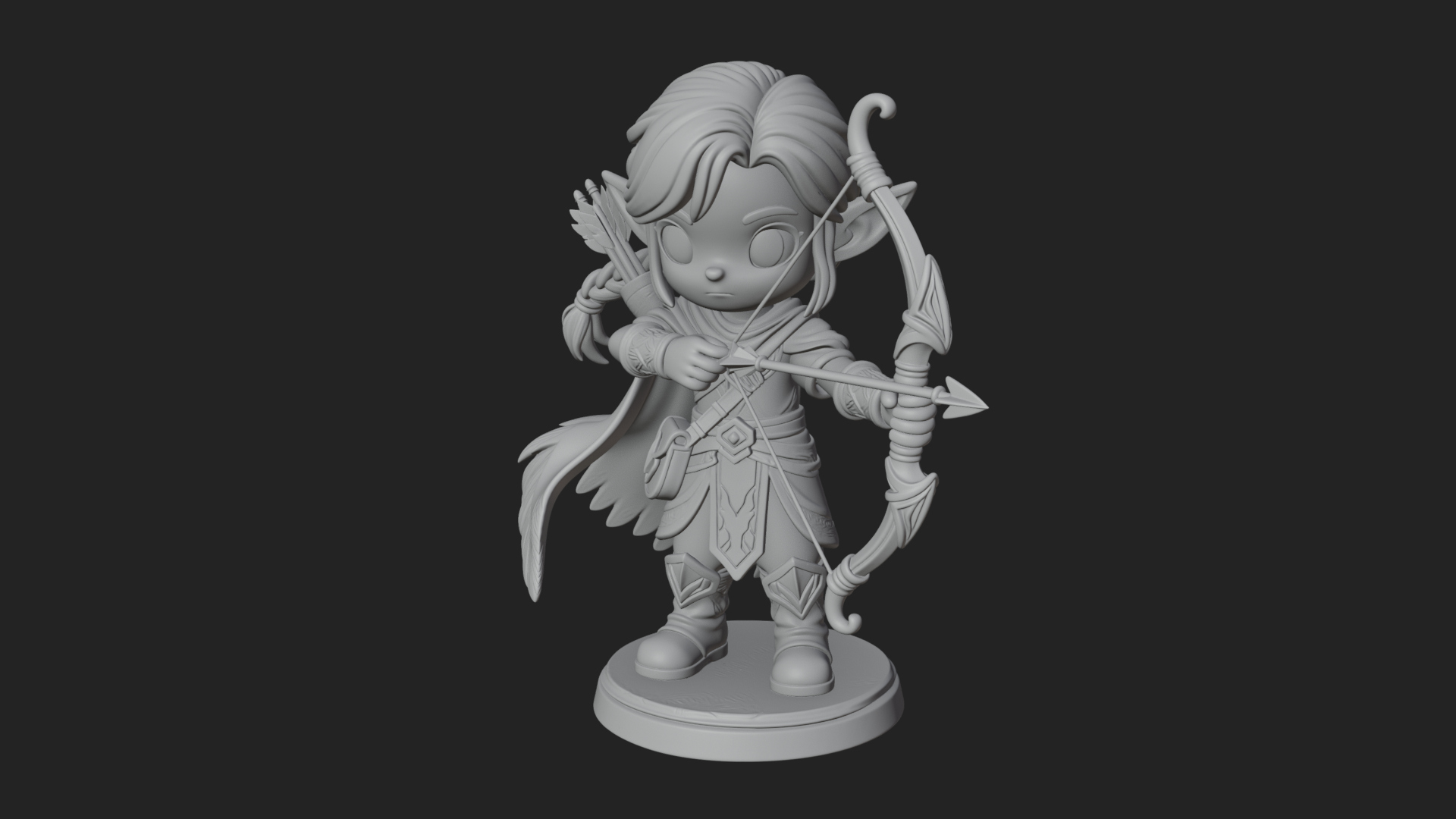 Chibi Elf Archer with Bow Statue Design 1 3D Print Model 3D Model