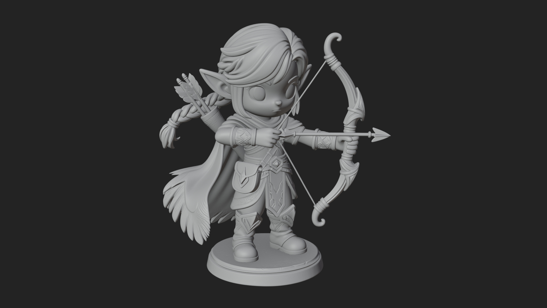 Chibi Elf Archer with Bow Statue Design 1 3D Print Model 3D Model