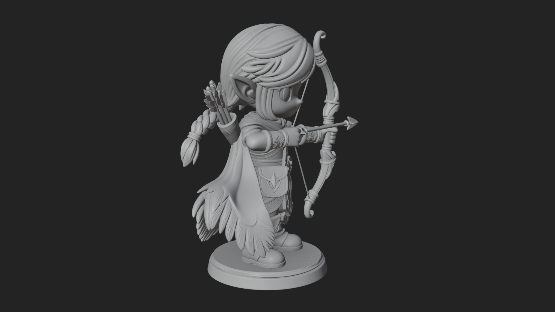 Chibi Elf Archer with Bow Statue Design 1 3D Print Model 3D Model