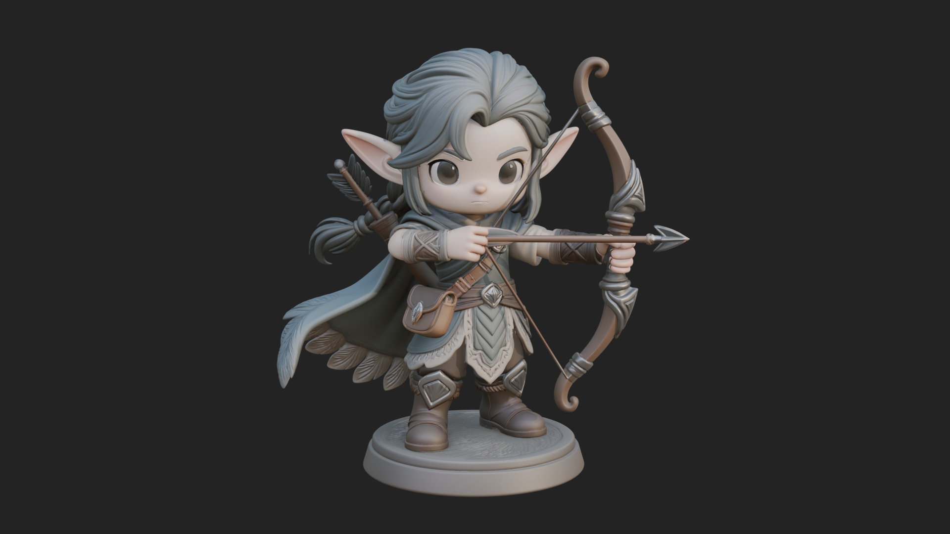 Chibi Elf Archer with Bow Statue Design 2 3D Print Model 3D Model