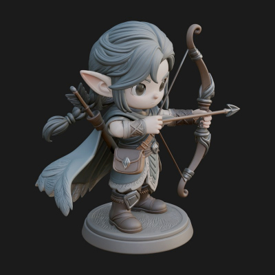 Chibi Elf Archer with Bow Statue Design 2 3D Print Model