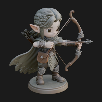 Chibi Elf Archer With Bow Statue Design 4 3D Print Model