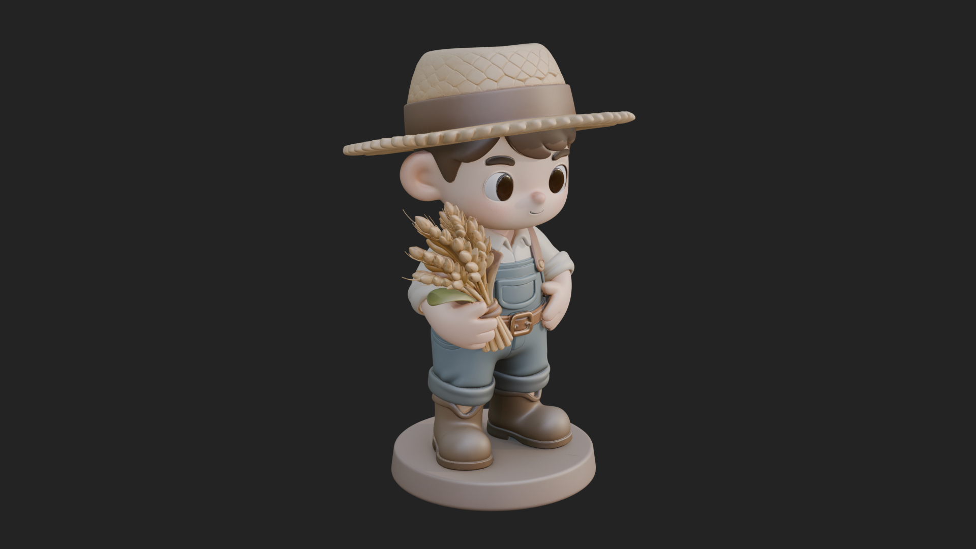 Chibi Farmer Boy With Wheat Statue Design 1 3D Print Model 3D Model