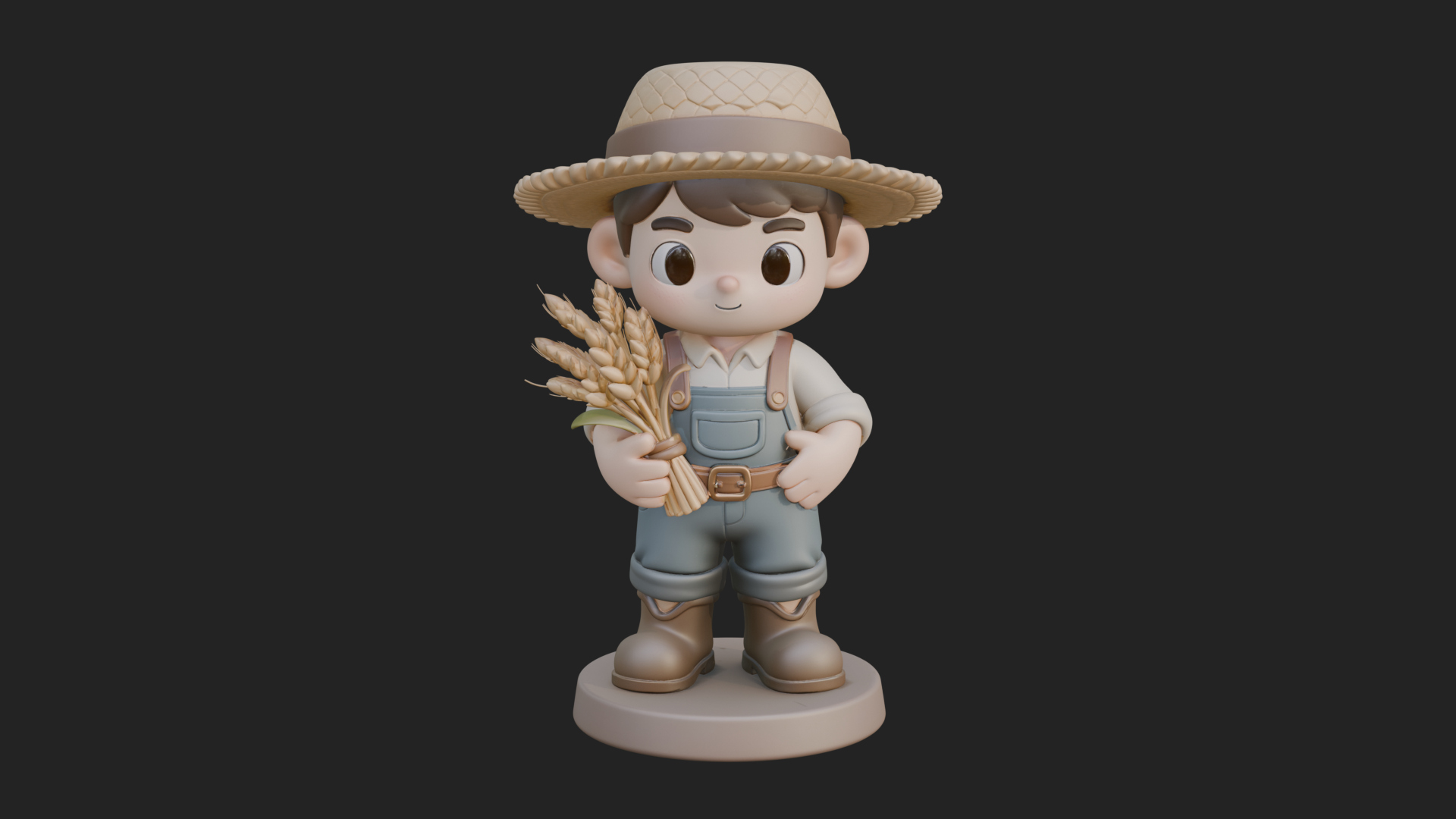 Chibi Farmer Boy With Wheat Statue Design 1 3D Print Model 3D Model