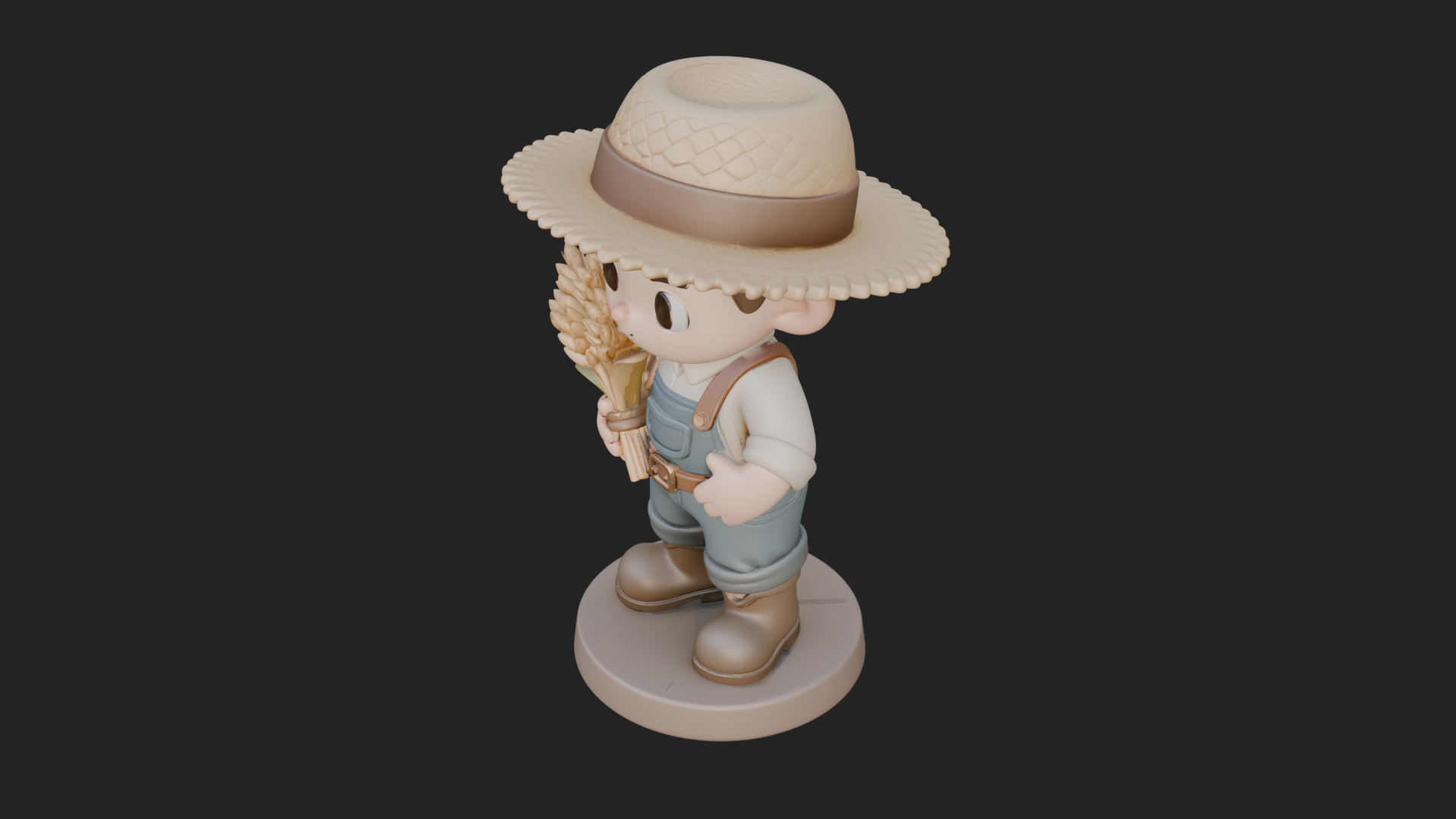 Chibi Farmer Boy With Wheat Statue Design 1 3D Print Model 3D Model