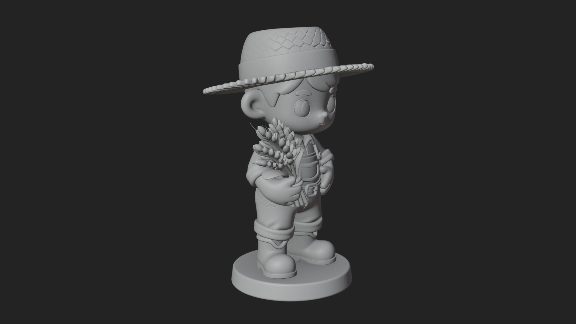 Chibi Farmer Boy With Wheat Statue Design 1 3D Print Model 3D Model