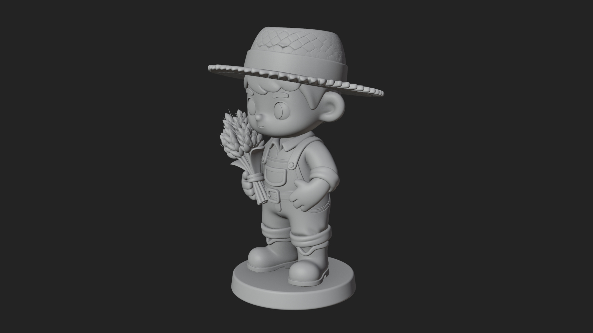 Chibi Farmer Boy With Wheat Statue Design 1 3D Print Model 3D Model