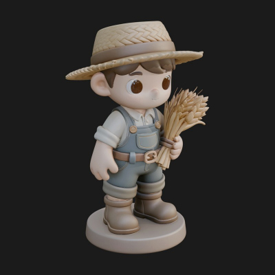 Chibi Farmer Boy With Wheat Statue Design 2 3D Print Model