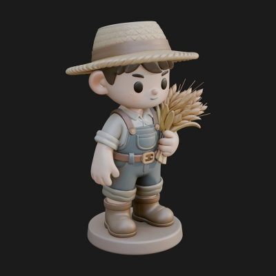 Chibi Farmer Boy With Wheat Statue Design 3 3D Print Model