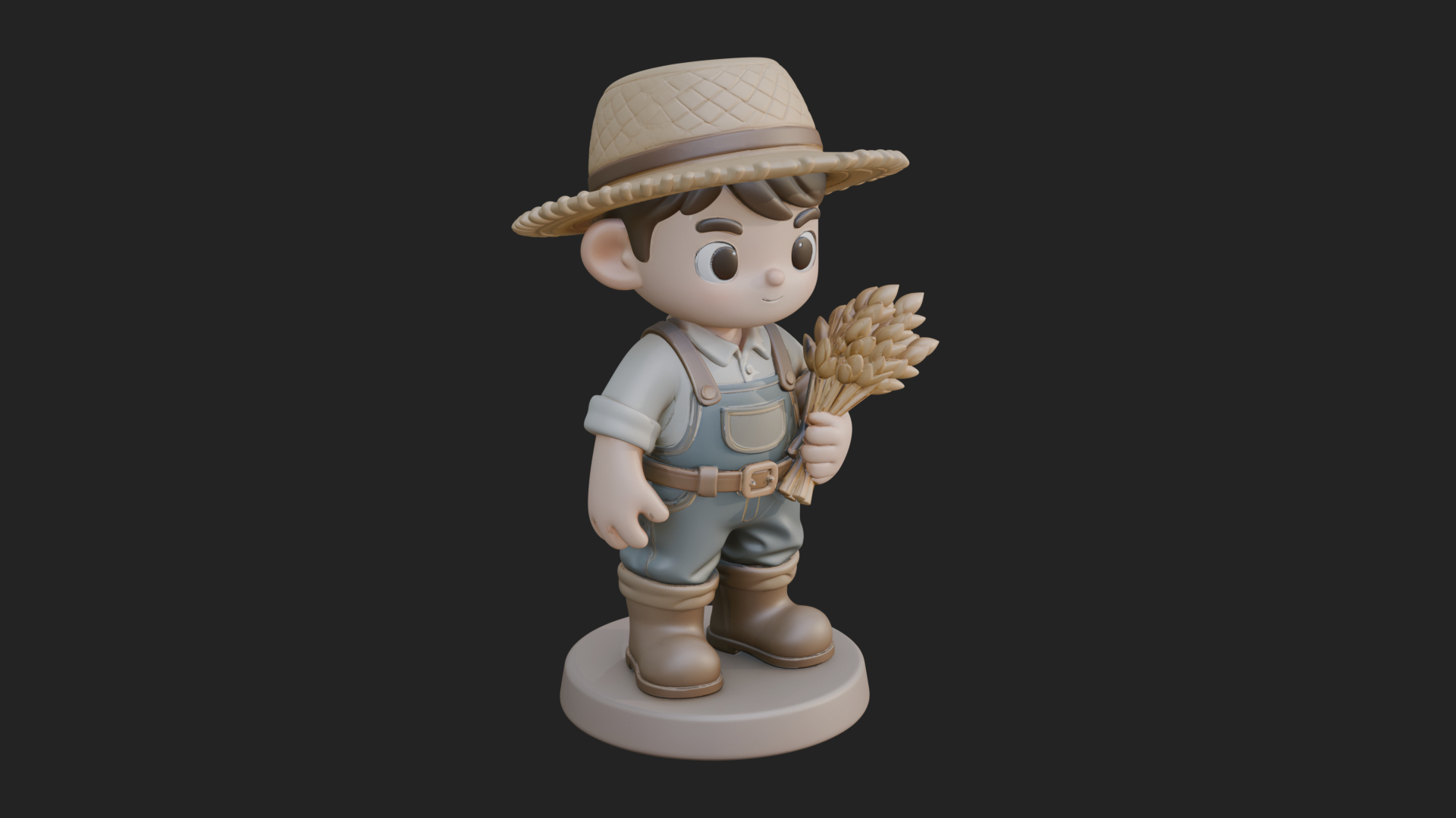 Chibi Farmer Boy With Wheat Statue Design 4 3D Print Model 3D Model