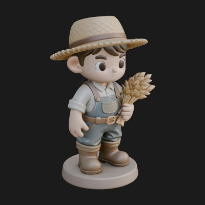 Chibi Farmer Boy With Wheat Statue Design 4 3D Print Model