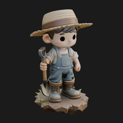 Chibi Farmer with Shovel Statue Design 4 3D Print Model