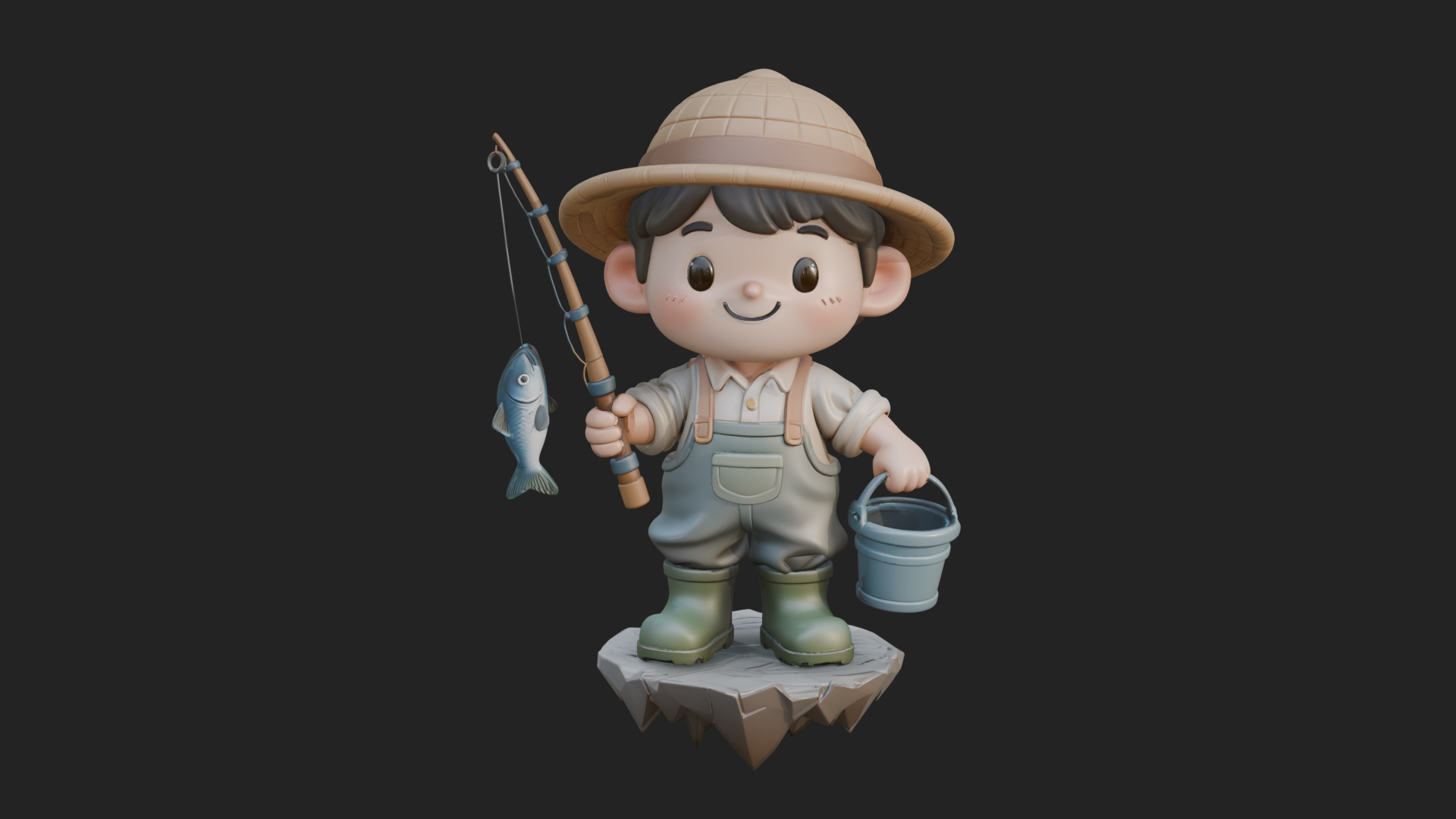 Chibi Fisherman with Rod Statue Design 1 3D Print Model 3D Model