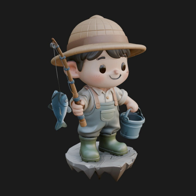 Chibi Fisherman with Rod Statue Design 1 3D Print Model