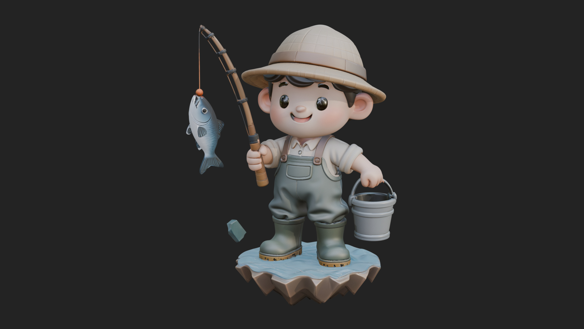 Chibi Fisherman with Rod Statue Design 2 3D Print Model 3D Model