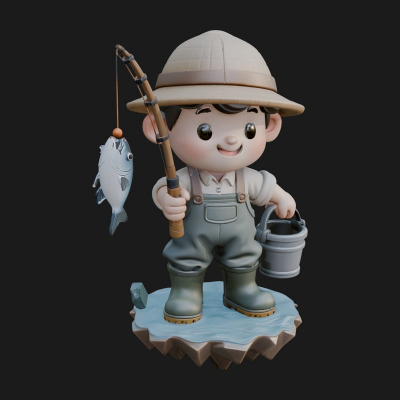 Chibi Fisherman with Rod Statue Design 2 3D Print Model