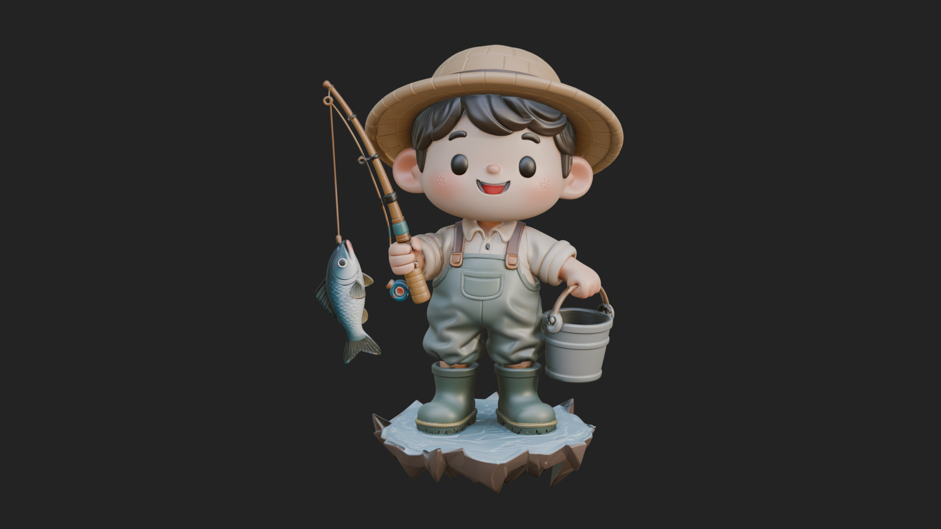 Chibi Fisherman with Rod Statue Design 3 3d Print Model 3D Model