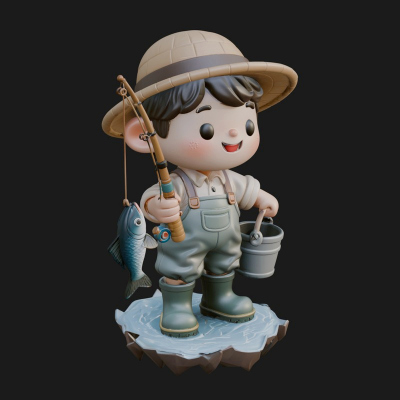 Chibi Fisherman with Rod Statue Design 3 3d Print Model