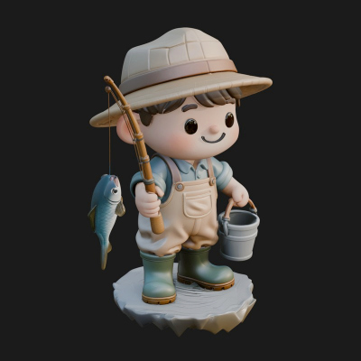 Chibi Fisherman with Rod Statue Design 4 3D Print Model