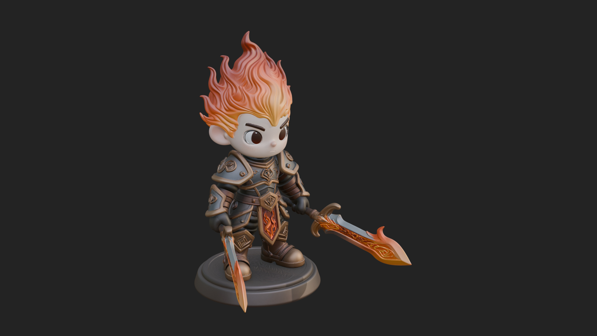 Chibi Flame Hair Swordsman Statue Design 1 3D Print Model 3D Model