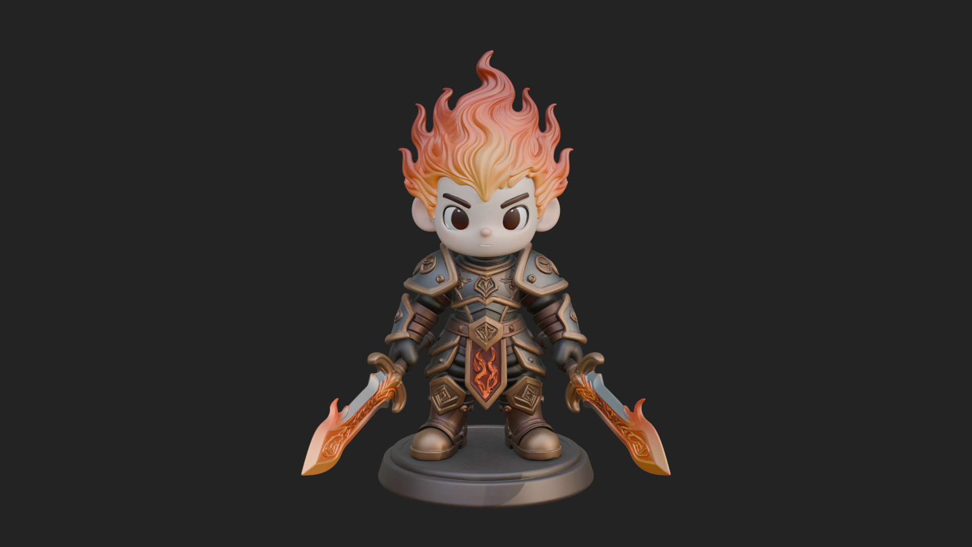 Chibi Flame Hair Swordsman Statue Design 1 3D Print Model 3D Model